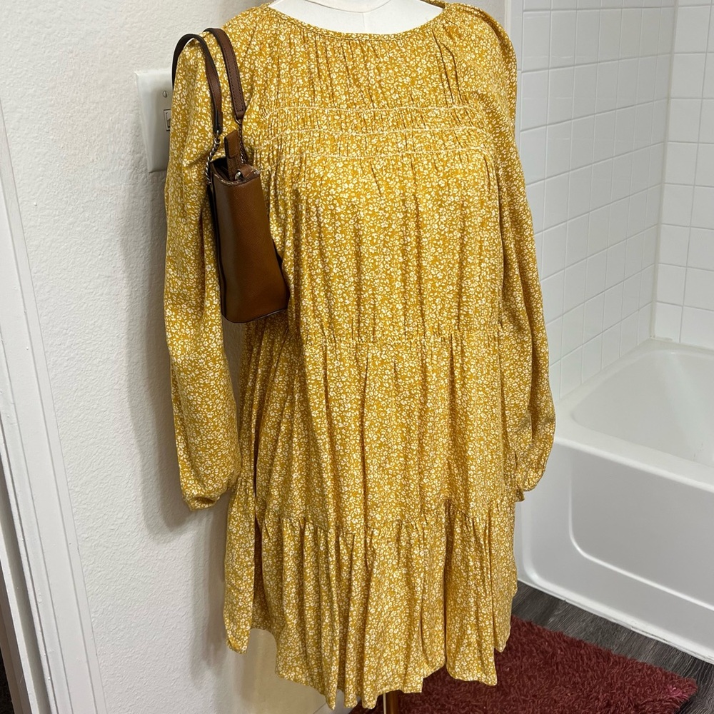 Mustard yellow long sleeve floral boho dress flowy cottage indie fall autumn